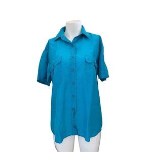 Retro women’s M vintage 90s button up blouse 100% silk royal blue short sleeve n